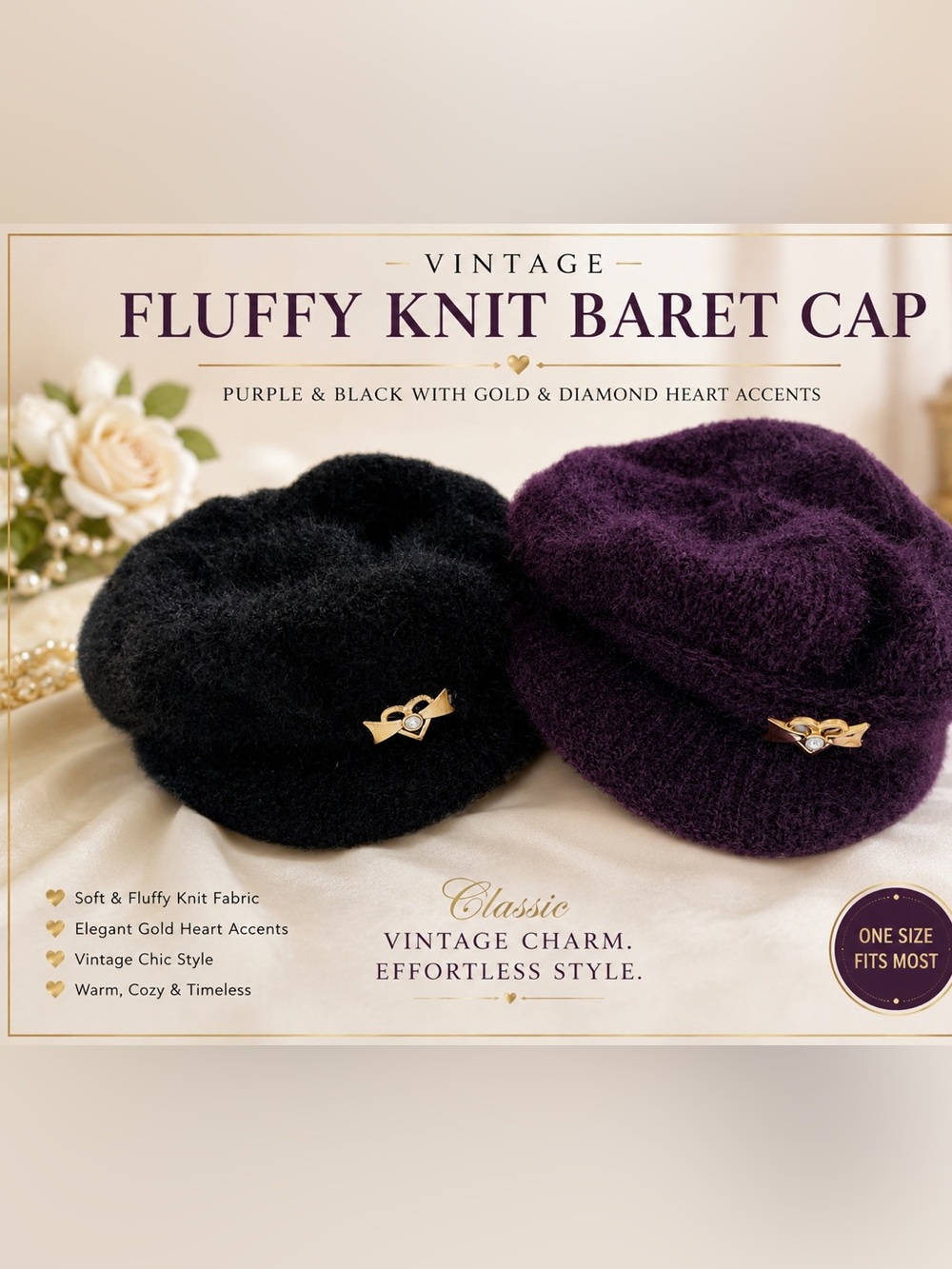 2 Vintage Fluffy Knit Beret - Purple & Black with Gold Heart Accent
